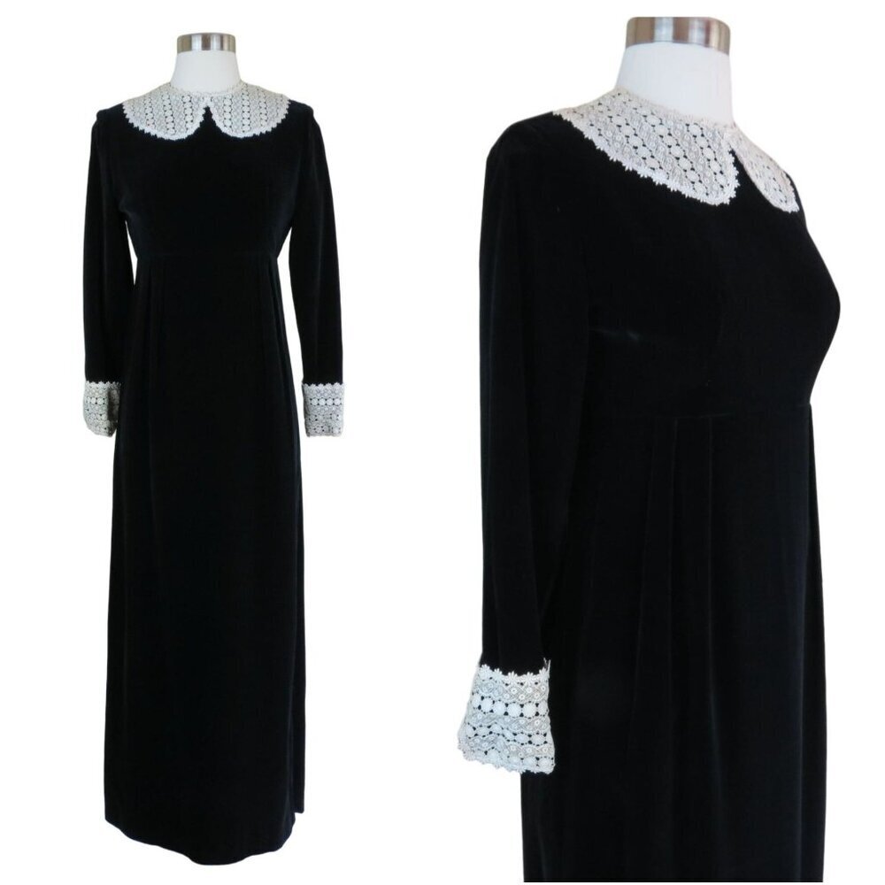 VINTAGE 60s 70s Black Velvet Mod Long Sleeve Maxi Dress Women's 12 Simon Ellis